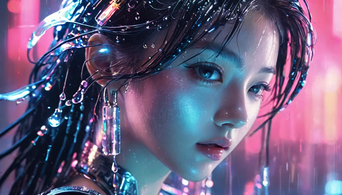 1 girl,beautiful,cyberpunk style,Bling Bling Bling Bling,motion blur,water drop,Cinematic lighting effects