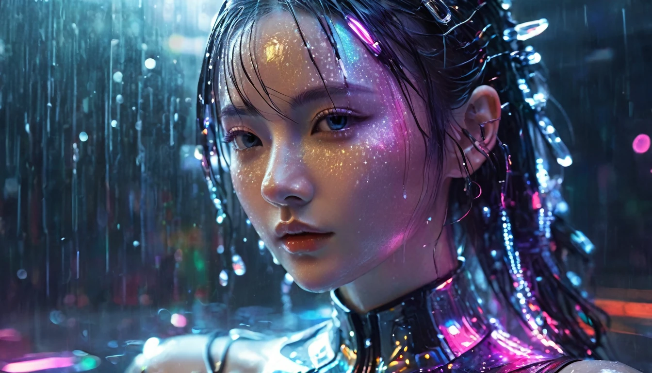 1 girl，beautiful，cyberpunk style,Bling Bling Bling Bling，motion blur，water drop，Cinematic lighting effects
