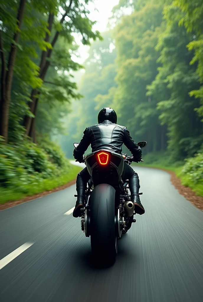 motorcyclist riding a motorcycle seen from behind, greenery background.