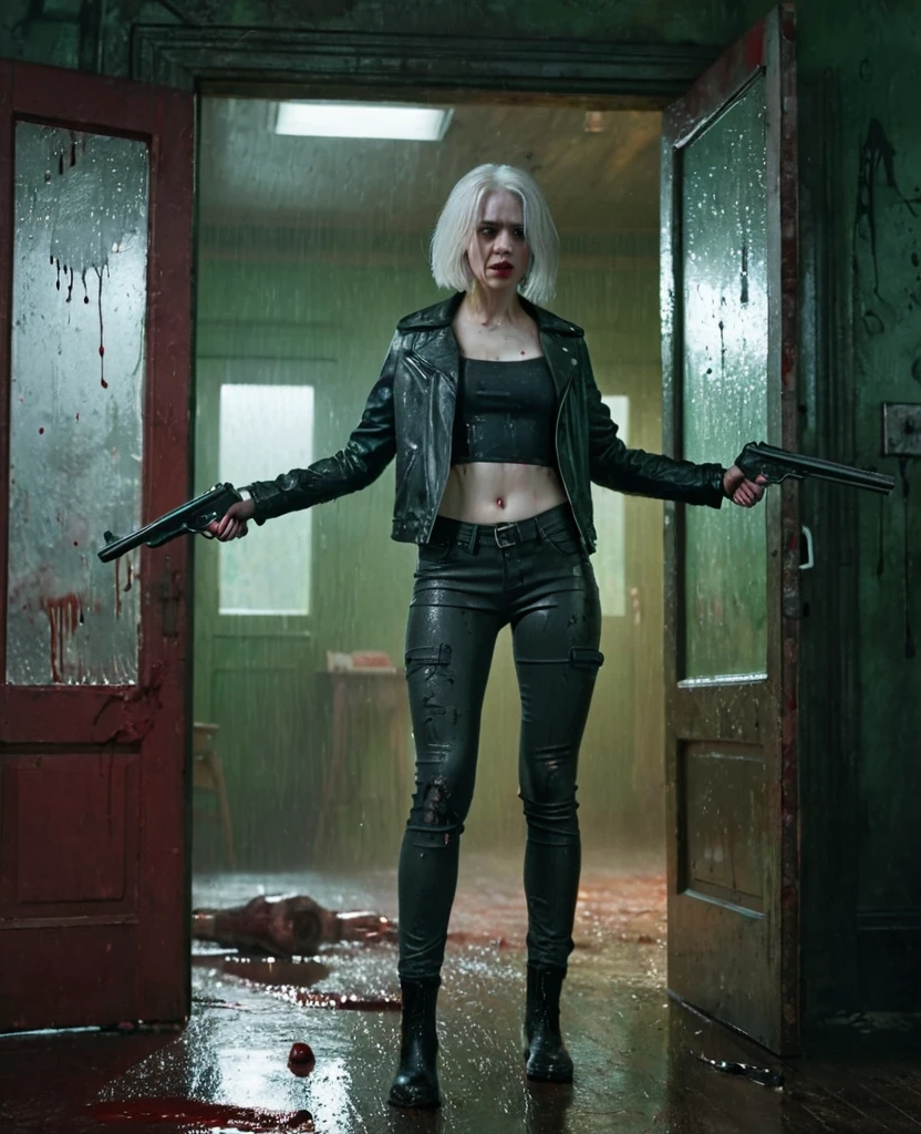 A stunning, anatomically correct, 4K-resolution masterpiece featuring a woman with pale skin and white hair standing against a blood-splattered door in a dimly lit, grungy room. She is wearing a black leather jacket, a revealing top, and dark pants, showcasing impeccable details. The woman is holding two guns, one in each hand, with her arms outstretched, exuding confidence and intensity. The lighting is dramatic, casting a greenish hue over the scene, with rain pouring down inside the room, adding to the eerie atmosphere. The background includes a large barrel and various intricate objects, contributing to the chaotic and intense setting, crafted with super detailing and award-winning quality.