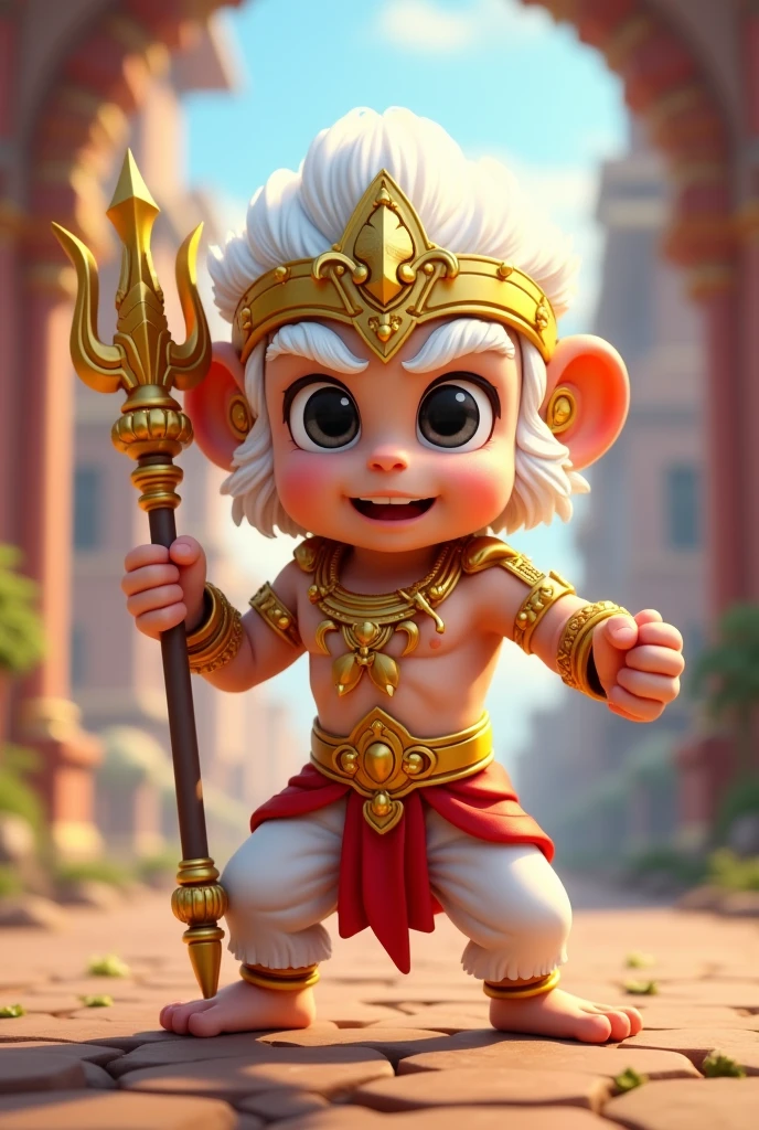 Img, hight detailed, Hanuman, monkey with white fur, in Ramakien epic Thai , Ramayana Hindu epic ,Chibi size ,cartoon ,cute 3d style, standing powerful fight strike action, holding tridant, strong body, head with gold tiara, ลายเซ็นทอง ขาว สไตล์ไทย งดงามวิจิตร white gold armor, Intricate armor, Delicate gold and white line pattern, Intricate pattern, gold metal parts, Detail part, Dynamic pose, Detailed background, Dynamic light, personalize