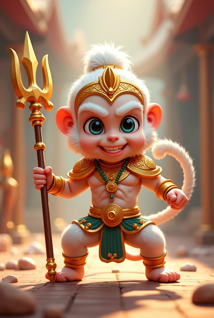 Img, hight detailed, Hanuman, monkey with white fur, in Ramakien epic Thai , Ramayana Hindu epic ,Chibi size ,cartoon ,cute 3d style, standing powerful fight strike action, holding tridant, strong body, head with gold tiara, ลายเซ็นทอง ขาว สไตล์ไทย งดงามวิจิตร white gold armor, Intricate armor, Delicate gold and white line pattern, Intricate pattern, gold metal parts, Detail part, Dynamic pose, Detailed background, Dynamic light, personalize