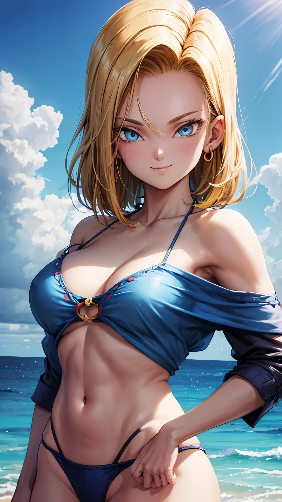 masterpiece， Highest quality， Super detailed， Absurd， Portrait Beautiful Android 18db， alone， 耳Nipple Ring， (bikini:1.5)，Inadequate clothing，gem， (Off-the-shoulder clothing:1.5)，Cleavage， Upper body close-up，smile， String， Best， cloud， Sky Sky， Daisy， outside of home，Denim Super Shorts，Highest quality， masterpiece， Intricate details， Tone Mapping， Sharp focus， Super detailed， Altstati is also in trend，