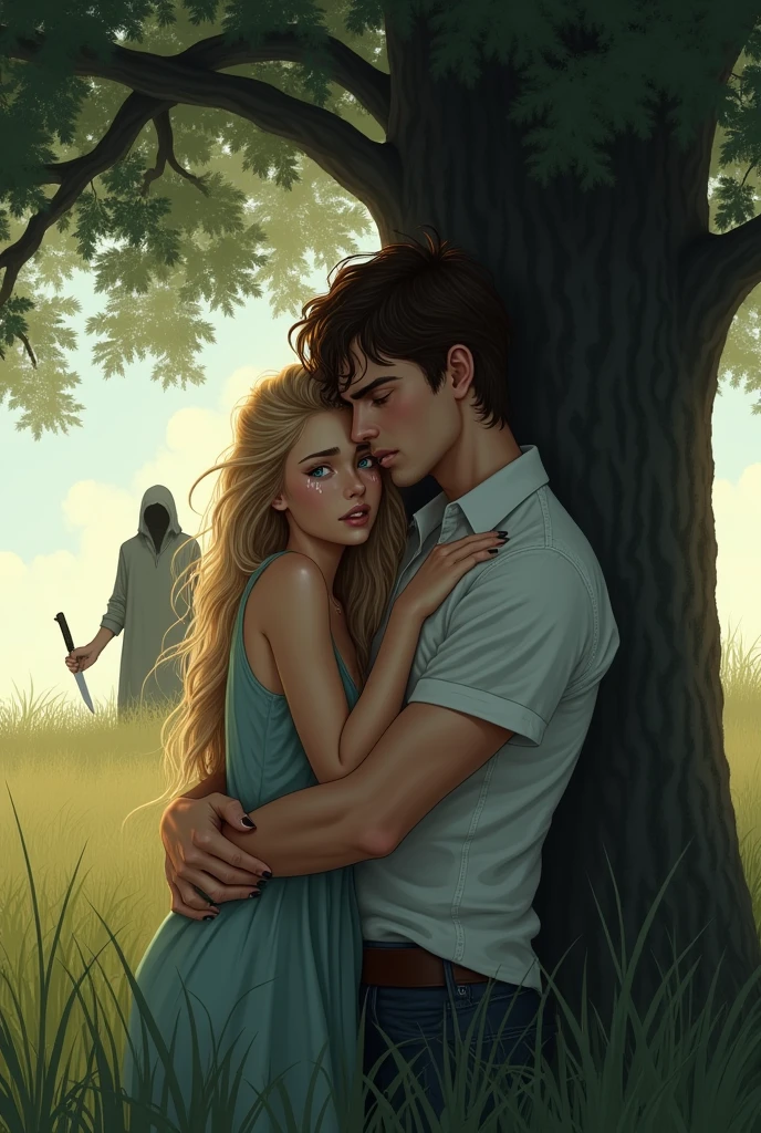 A girl with beautiful long blond hair was captured by a guy with black hair. There is fear and sadness on her face..