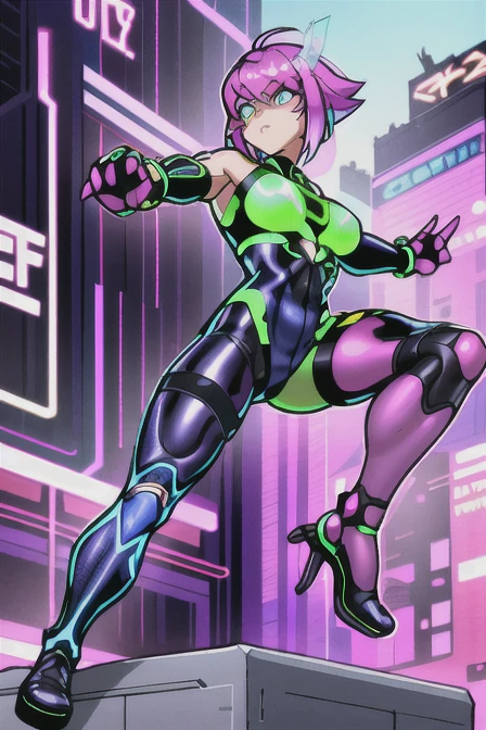 blue eyes, easy art style , green leotard, fingerless gloves, harness, thighs, purple pantyhouse, black shoes, ahoge, 1girl, cyborg, short pink hair, bob haircut, purple tights, robotic left arm, belt, caucasian skin, latino features, dynamic pose, fierce expression, futuristic setting, combat-ready stance, glowing arm, high-tech accessories, athletic build, vibrant colors, action-oriented, stylish outfit, cybernetic enhancements, energetic vibe, determined look, sci-fi elements, neon lights, urban background, strong female character, detailed facial features, expressive eyes, sleek design, combat gear, stylish belt, futuristic technology, dynamic hair movement, powerful stance, confident demeanor, colorful outfit, unique character design, cyberpunk aesthetic, action pose, intricate details, vibrant background, glowing effects, stylish footwear, high-energy atmosphere, character with attitude, strong silhouette, engaging composition, visually striking, character in motion, expressive body language, detailed arm design, futuristic weaponry, cybernetic features, playful yet fierce, unique hairstyle, character with depth, engaging expression, stylish accessories, high-tech visuals, colorful palette, character in action, dynamic lighting, strong presence, intricate outfit details, character with a story, vibrant energy, sci-fi warrior, confident fighter, unique color scheme, character with personality, engaging background, action-packed scene, detailed textures, character with flair, futuristic environment, strong visual impact, character in a heroic pose, expressive features, stylish design elements, high-tech armor, character with a mission, vibrant contrasts, dynamic angles, engaging narrative, character with a past, visually captivating, strong emotional expression, unique character traits, action-ready outfit, futuristic cityscape, character with determination, stylish combat gear, high-energy scene, cyberpunk, full body