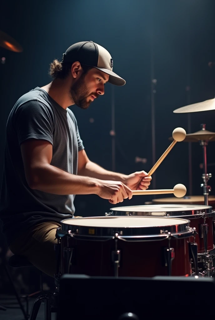 Person with cap playing timpani
