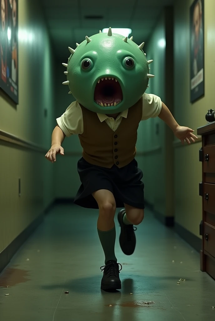 ((Highest quality)), ((photorealistic, hyperrealistic photo, portrait)), (front), (Horror movie title「Jason vs Soraroid」Write:1.2), (Screaming Pufferfish:1.6), (The upper half of the pufferfish is green.), (Short sleeves), ((No hair)), (The Kusafugu has 20% of the facial features of a human female.), (horror movie posters:1.5), ((Jason:1.8)), (クサフグ対Jason), A pufferfish with a very realistic head, A woman with a human body, オフホワイトで襟付きのShort sleevesシャツに薄茶色のベストを着てひざ丈の黒いスカートに濃い緑色の短い靴下と黒の靴を履いてる, Jasonに追われて全力で走っている, Photorealistic images,