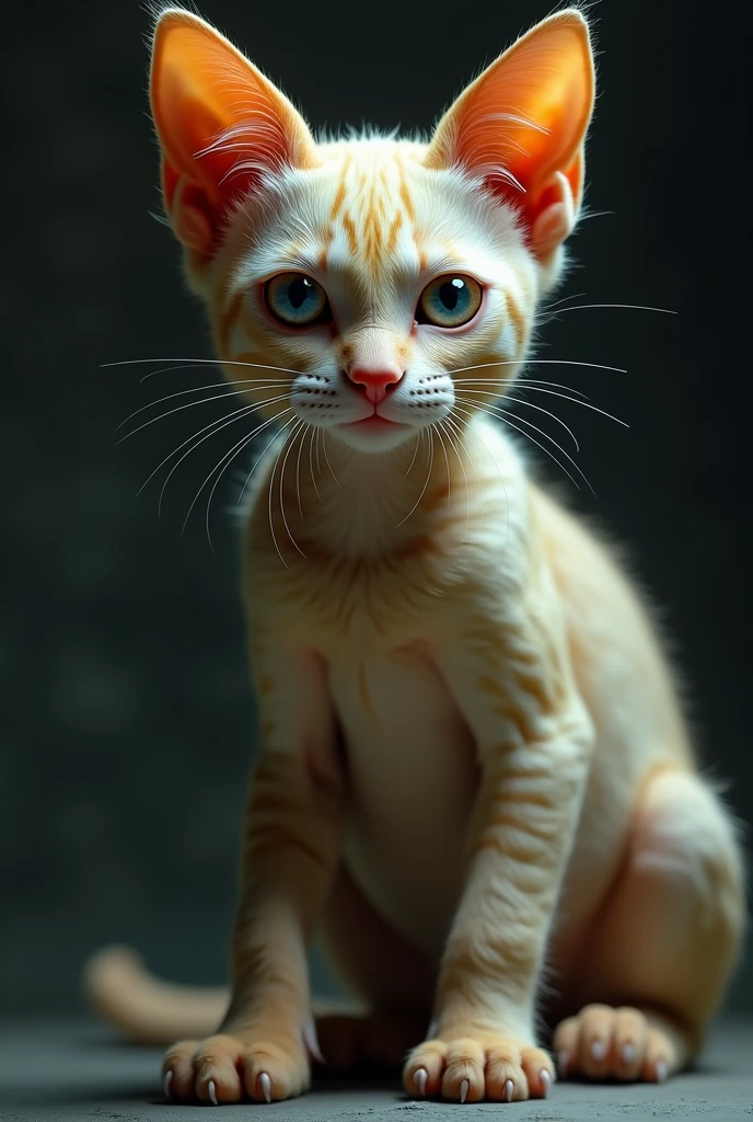make an alien who is half man half cat and who meows so that the inhabitants of the earth can hear it in extremely detailed, realistic, photorealistic, high quality, 4K, 8k, head of'artwork, ultra detailed, Couleurs vives, HDR, studio d'lighting, sharpness, physical rendering. portrait professionnel