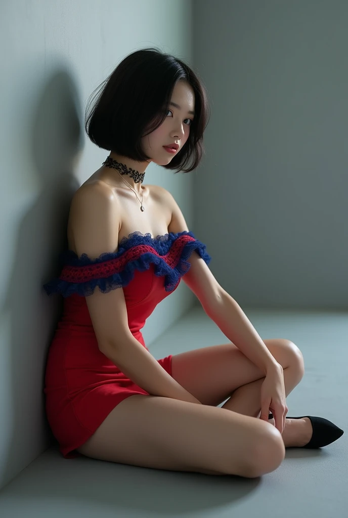 (RAW Photos, Highest quality, masterpiece: 1.2), (Realistic: 1.4), Best lighting, 20-year-old, (light black hair, Short Bob Cut, Divide your hair into 3/7ths, hair above one ear, :1.15), (Symmetrical blue, clear eyes, alone, Mid-chest, Detailed skin, :1.2), ((Pale gray walls and floor, Photo studio, Sitting on the floor, Sit leaning against a wall, Silk pants, Red lace choker, smile,  Slender necklace, Wearing black high heels, Beautiful legs, Cinema Lighting, Sensual look, From the side))