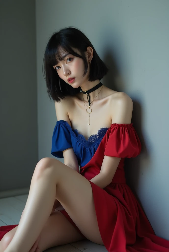 (RAW photo, best quality, masterpiece: 1.2), (photorealistic: 1.4), best lighting, 20 years old, (light black hair, short bob cut, hair in 7 thirds, hair over one ear, :1.15), (Symmetrical blue clear eyes, solo, medium breast, Detailed Skin, :1.2), ((Light gray walls and floor, photo studio, sitting on floor, sitting against the wall, red and blue clear off the shoulder short length dress, red lace choker, slender necklace, wearing black high heels, clean legs, cinematic lights, sensual look, from side))