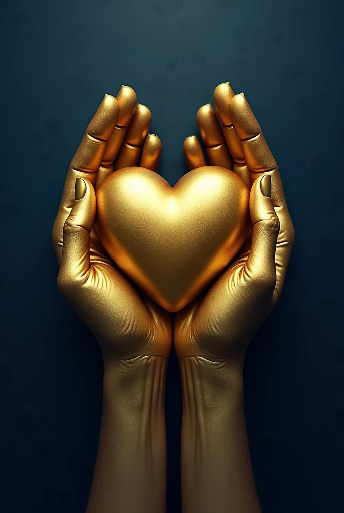 two unrealistic golden hands holding a golden heart with a navy blue background, the hands are not realistic, and they are preferably golden drawing hands, I don't want robot hands, I want human hands but in drawing