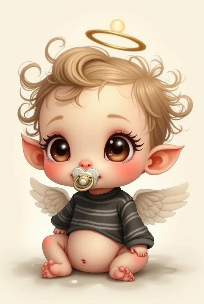 A painting where in Reiko style on the right side there is a happy three-month-old baby, with a white cap with pink medium dots and an angel earring on top, He is white skinned , She has blonde hair, blue eyes, nose gleaned ,a white diaper looking down.
On the left side a small black cat with an angel ring on her head , with green eyes playing with the girl.