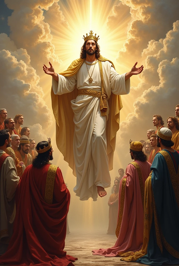 Creates a classical Renaissance art form image of Jesus Christ returning as a king in heaven and all contemporary nations bowing down before the king