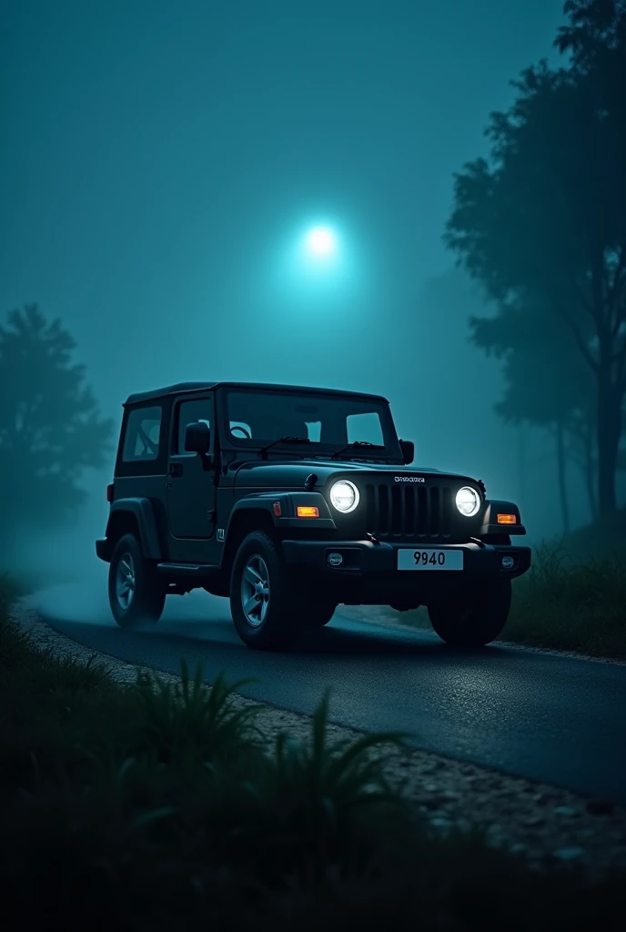 Black mahindra thar tyre turn left side on road at night in fog number 9040 side photo