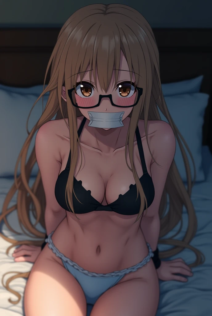 sekijou sawako, shibari, anime picture, best quality, ultra-detailed, high resolution, extremely detailed cg, unity 8k wallpaper, masterpiece, perfect body, anime picture, femsub, black bra, light blue panty, drooling, brown hair, long hair, parted bangs, low twintails, brown eyes, black eye glasses, small breasts, tied up wrist hands together behind her back, at night, light blue panty, mouth gagged with duct tape, duct tape, teary-eyed, lying down, in bed,