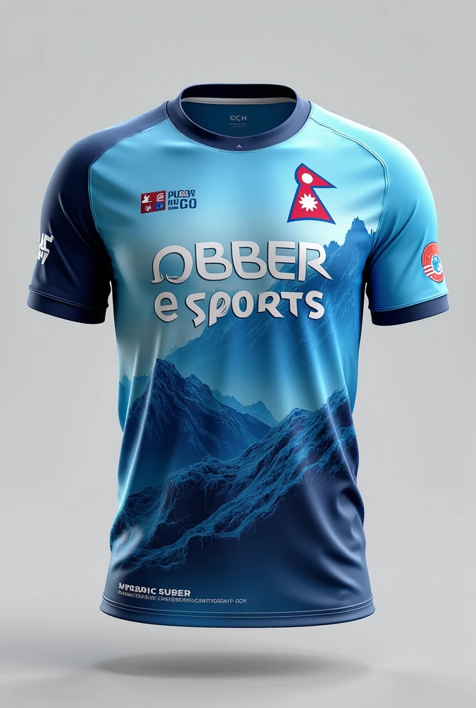 Creat a esports jersey with OE LOGO IN RIGHT TOP .WRITE OBBER ESPORTS IN MIDDLE .make it color like mountain and its matching .color like mountain .donot make mountain in jersey.place pubg mobile logo in left top of jesey.make icy color jersey .write obber esports in middle .OE LOGO IN RIGHT TOP WITH BEST DESIGNE .NEPAL FALG LOGO IN LEFT TOP .