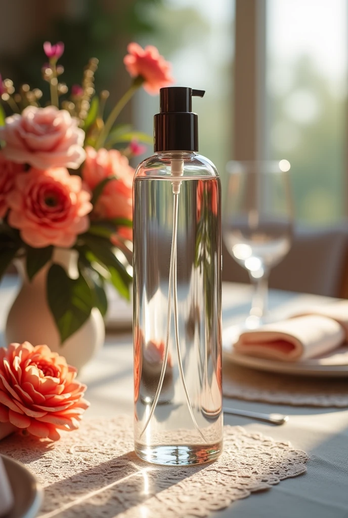 A colorless glass air freshener bottle, on a table with lush and elegant yet simple decoration. With colors that catch the eye.
