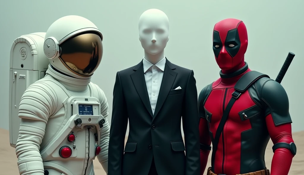 1 space suit guy, 1 male with no face just a white face with no facial things or eyes wearing black suit, and a guy wearing Deadpool suit