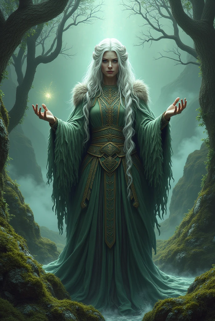 a Celtic witch, dressed in animal skins, white hair, braids, casting a spell towards the viewer, extremely detailed, intricate details, cinematic lighting, dramatic, dark fantasy, moody, atmospheric, dramatic lighting, rich colors, ornate, intricate, elegant, ethereal