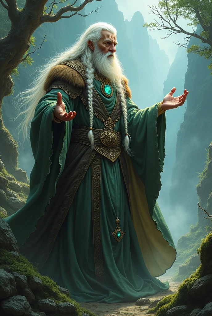 a Celtic witch, dressed in animal skins, white hair, braids, casting a spell towards the viewer, extremely detailed, intricate details, cinematic lighting, dramatic, dark fantasy, moody, atmospheric, dramatic lighting, rich colors, ornate, intricate, elegant, ethereal