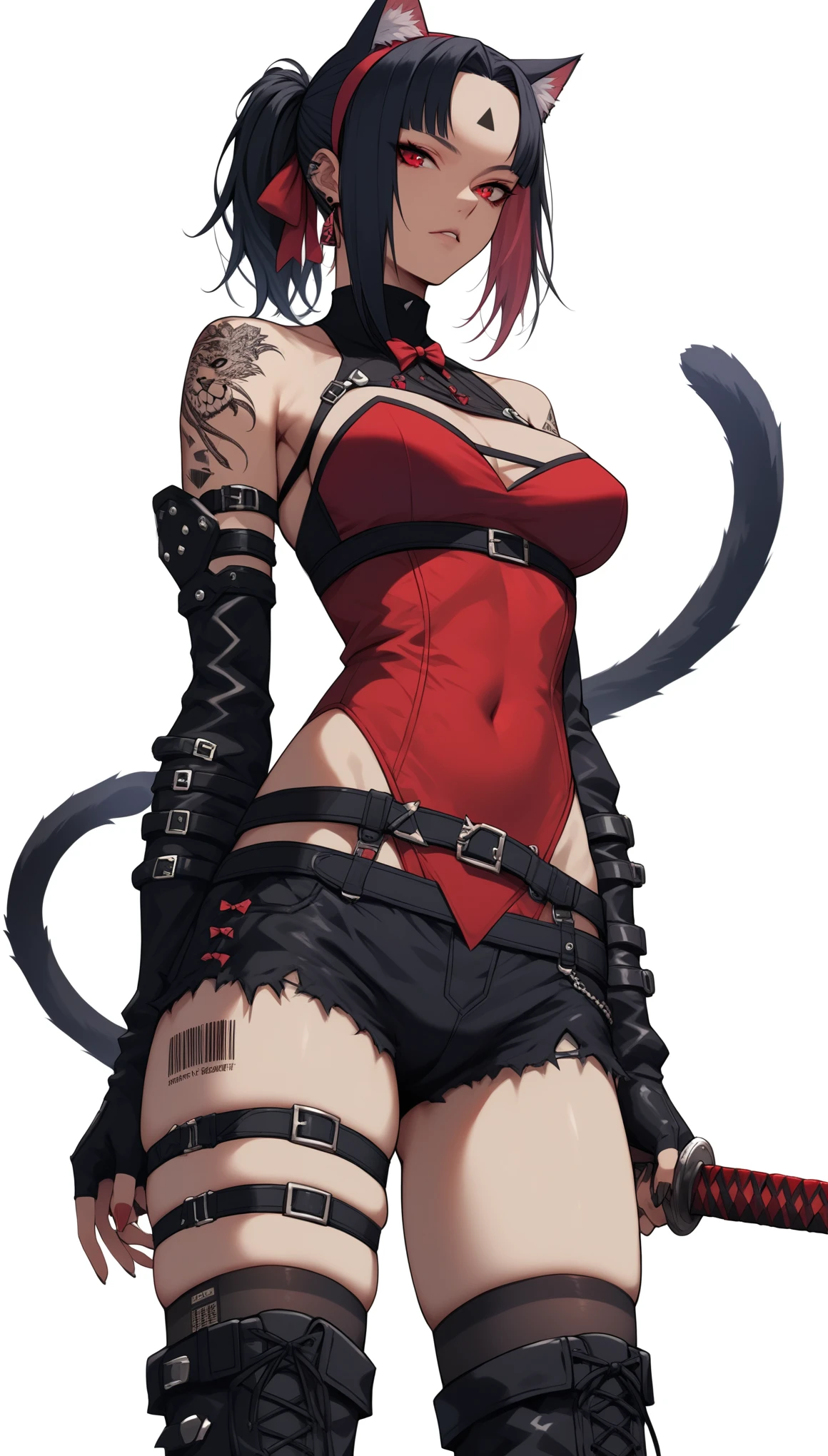 The most handsome and beautiful gothic demon woman with long jet black hair and golden eyes only wearing high heels and a black leather harness showing her seductive body. nsfw