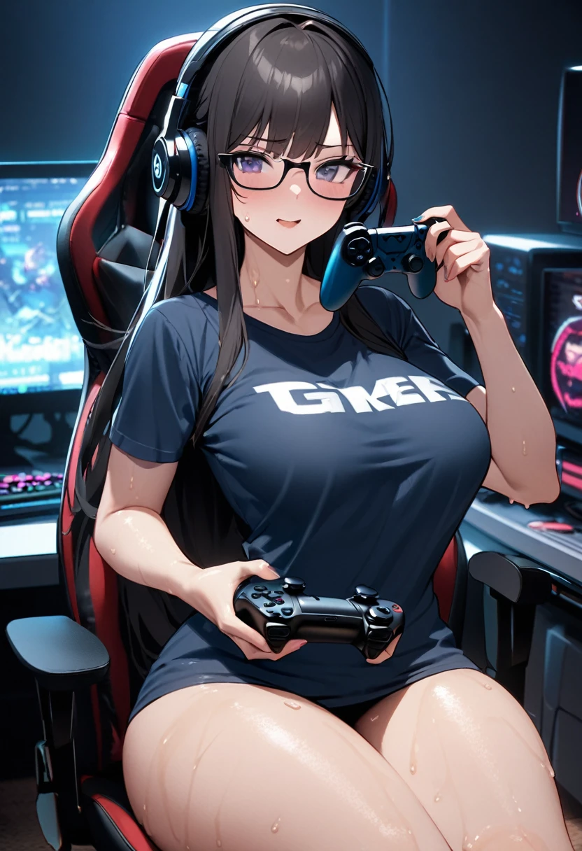 One Woman、beautiful girl、Sit on a chair、big glasses、Dark Room、computer、Sit in a gaming chair、High-end headphones、Grip the game controller、computerに向き合う、beautiful girl, Highest quality, Tight T-shirt、Tight T-shirt、Game Geek、Thick thighs、big 、big Ass、Black Hair、Long Hair、bangs、Sweaty body、I'The whole body is sweating、Obscene sound effects、Excited、panties、Playing a mischievous game