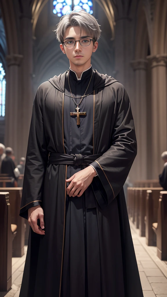 1 young man,Age 25,Polite face,Wear round glasses,blue eyes,Short grey hair,Black priest robe,church background
