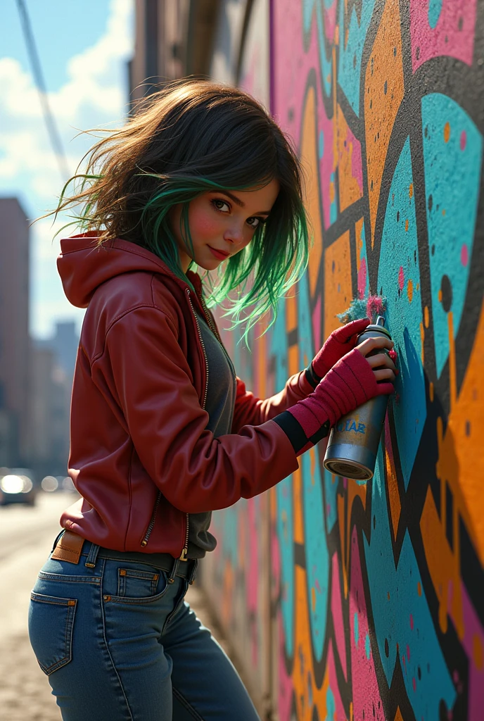 a white girl, Brown hair with green streaks with overside style with miles morales spiderman , They are graffitiing