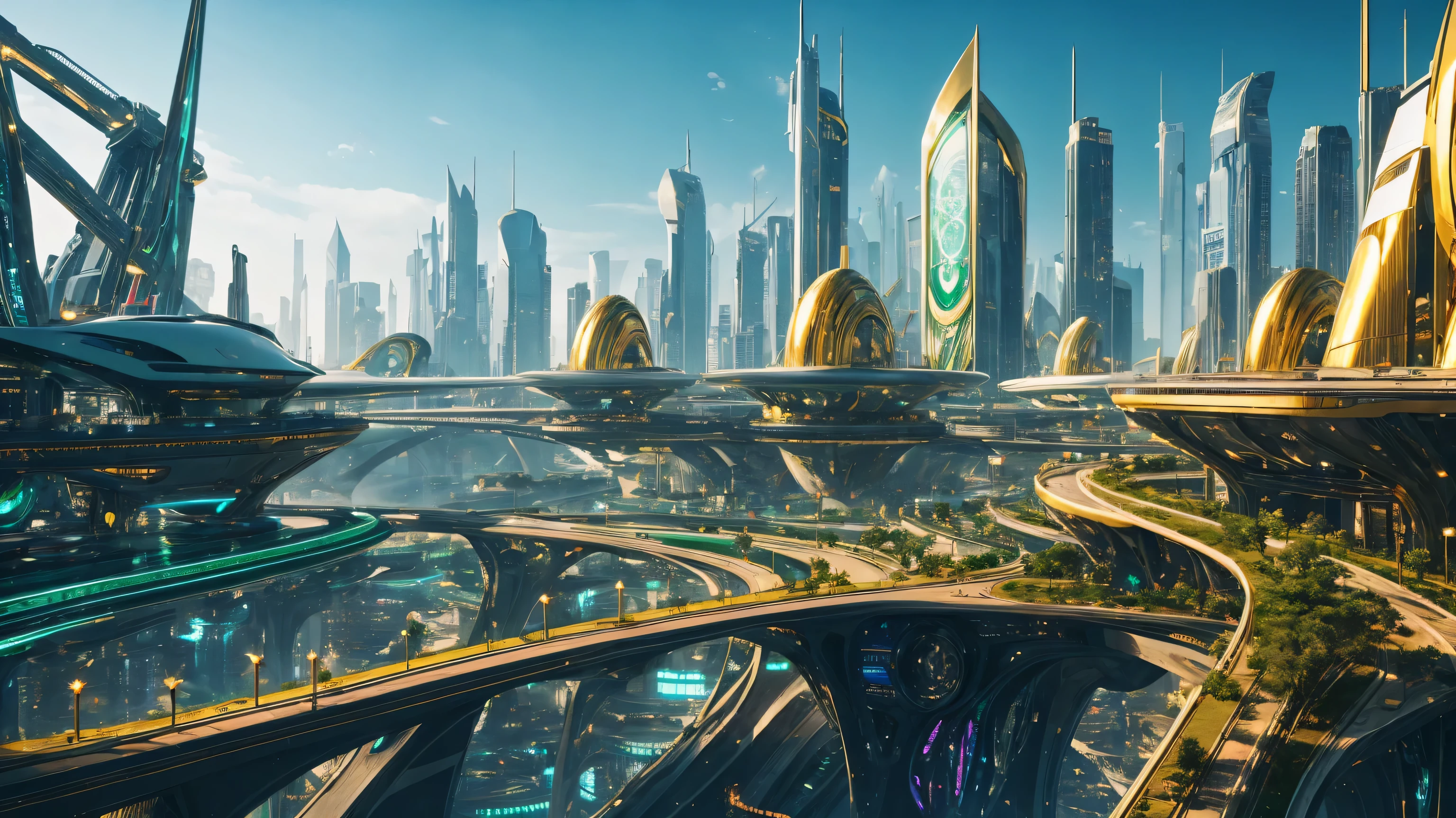 A hi-tech futuristic golden super city with emerald accents