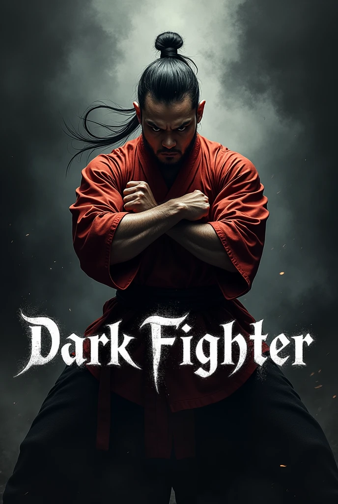 Logo of the text dark fighter with a  shuolin kungfu fighter man