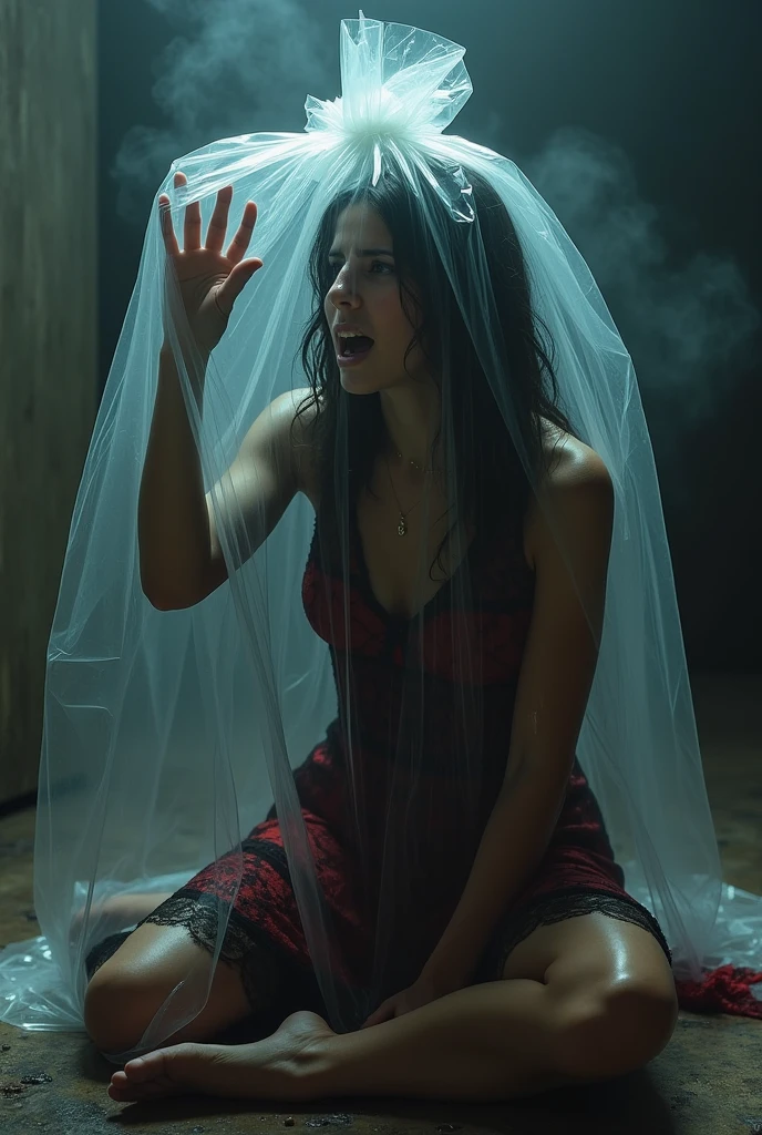 Une image réaliste, avec une grande précision, d'une femme, coincée et enfermée dans un sac en plastique transparent, assise par terre, pieds nus, vêtue d'une robe en dentelle noire et rouge, un sac en plastique transparent, vue de côté, et elle essaie sortir, un signe de peur dans ses yeux, un éclairage tamisé au-dessus d'elle et de la fumée dans la pièce
