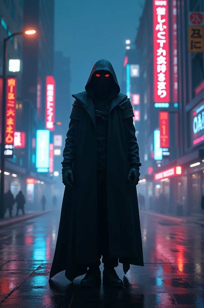 Hooded man standing on streets of futuristic city at night with maked