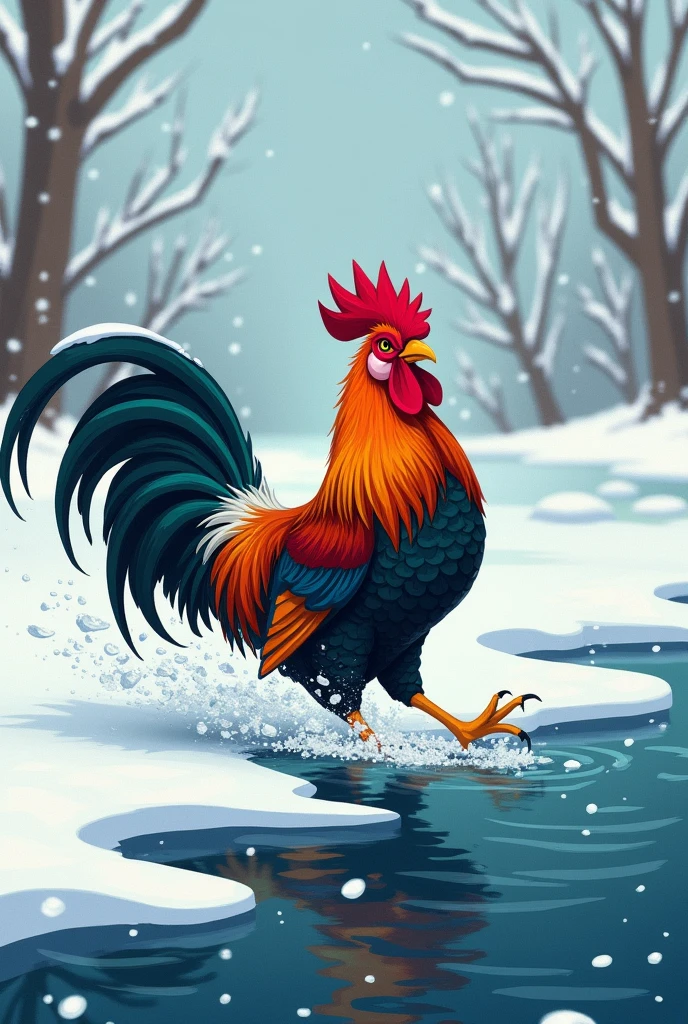 The rooster sliding on the ice fell in the water from the broken ice