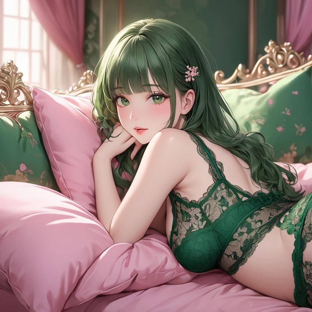 one girl,She looks at the front while raising She is lying on her stomach with both hands resting on her cheeks,Produces a beautiful er in the clease of the chest,dark green lace underwear, she's lying on a pink futon,masterpiece,best quality,ultra-detailed, illustration, detailed light,an extremely delicate and beautiful,