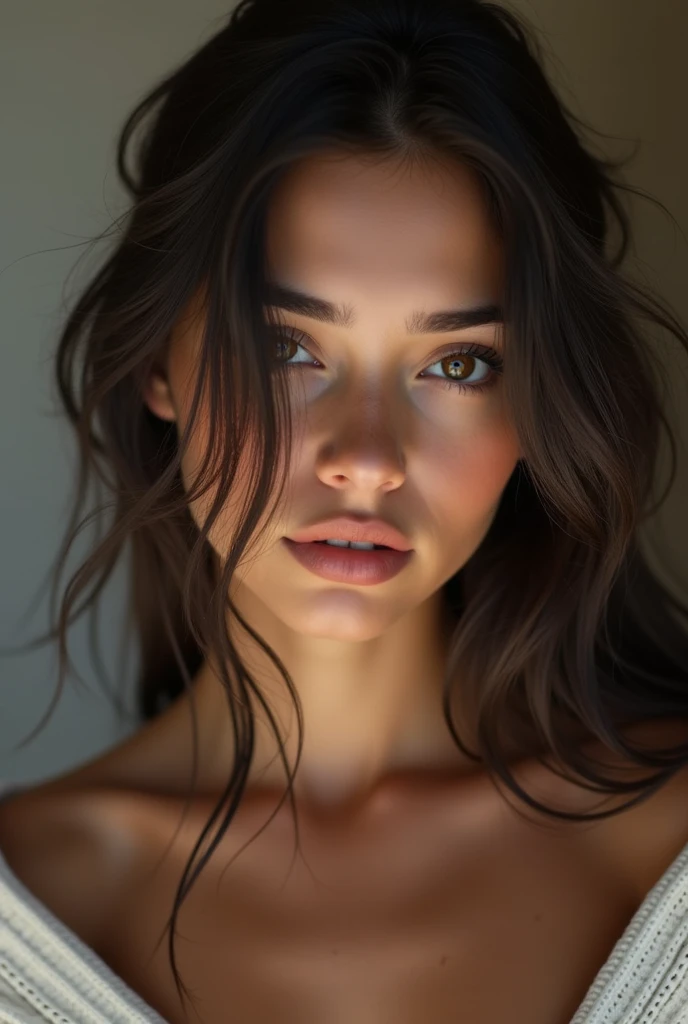 head of'artwork, best quality, ultra haute résolution (realism: 1.4), Photo originale, objectif 35 mm, Ouverture F1.4, Affiche de film, light and shadow, Une fille, In white cardigan, longs cheveux noirs, real skin, (skin detail: 1.3),