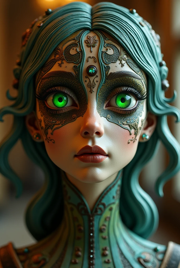 Cute lady victorian gothic style, Intricate details insanely artwork Wooden painted, 3D effect ultra-detailed intricate insanely Heart, museum room, green glass eyes, Carved in wood, painted with bright colors., indie film screencap, dramatic angle, , found footage, (steampunk), (cyberpunk aesthetic), (retrofuturism, atompunk), heroic proportions, window behind,