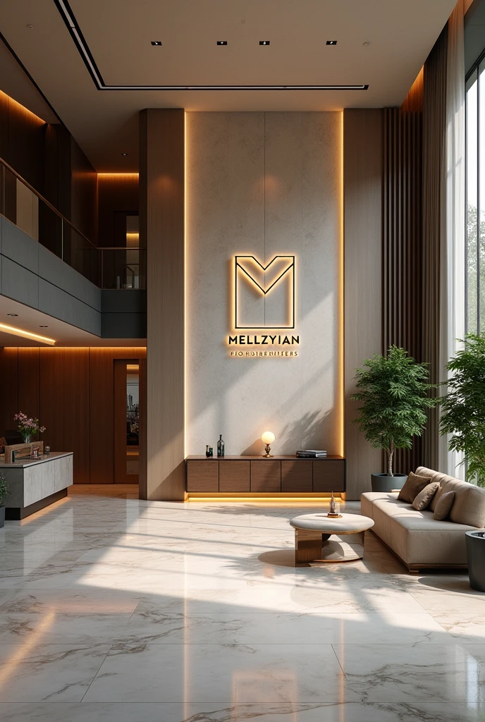 Corporate lobby with sign MELLZYIAN DECOR VENTURES