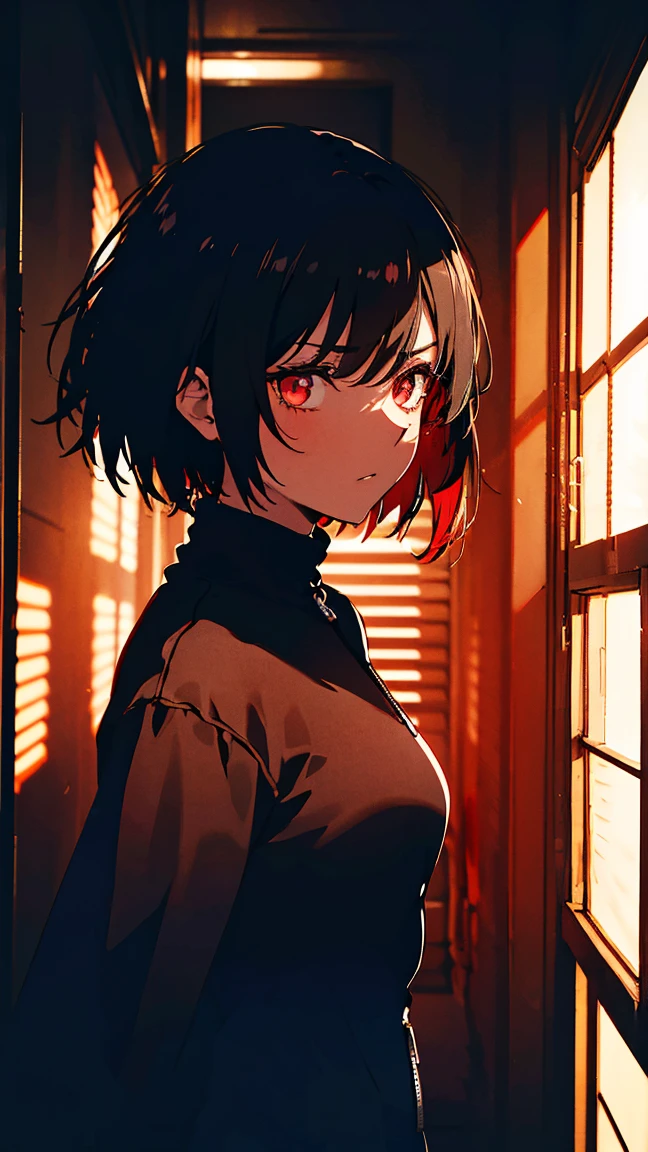 Anime girl with (short black hair:1.1), black turtleneck long sleeve, black format pants, leather jacket with zipper, (silhouetted against a red, window-lit hallway:1.3), mysterious aura, dramatic shading, high contrast, intense and somber mood, (text overlay: ".is you.":1.1), close up shot on person, psychological thriller vibe, bulging eyes, serious face, traumatized, woman with blood on her face, blood stains in clothes, she looking a mirror, (shadowed face with a hint of light on eyes:1.2), dark, suspenseful atmosphere. interrogation room,