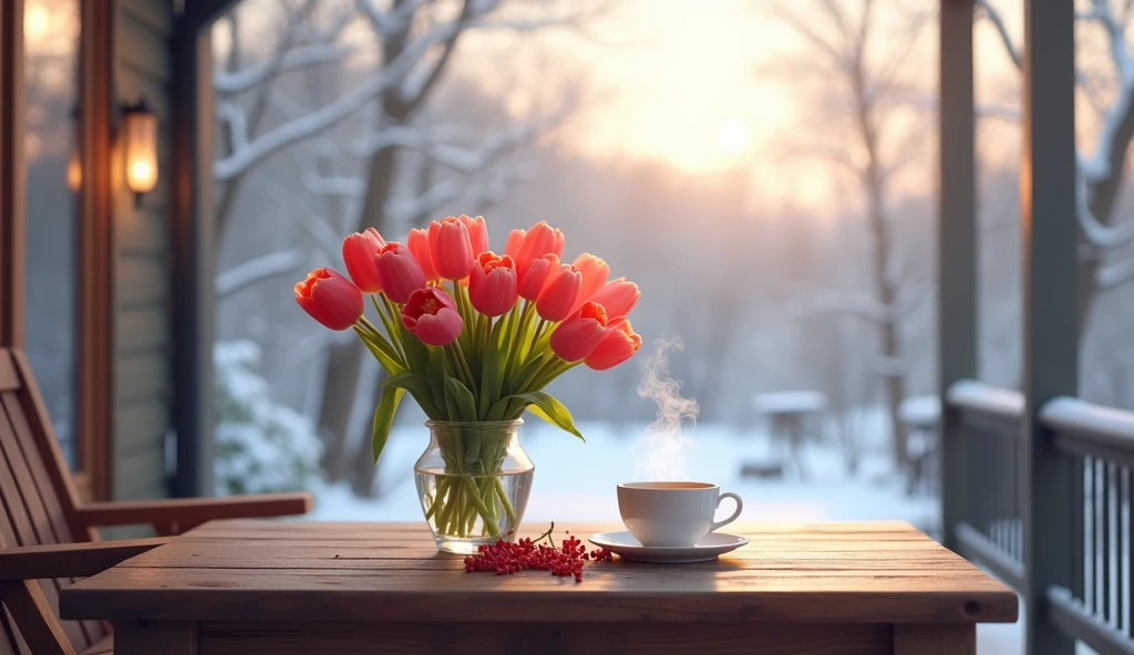 Refresh your winter routine with a touch of elegance. A bunch of tulips on the table and a warm cup of tea create a luxurious and calming experience on your veranda.