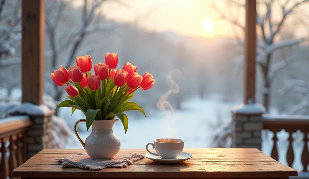 Refresh your winter routine with a touch of elegance. A bunch of tulips on the table and a warm cup of tea create a luxurious and calming experience on your veranda.