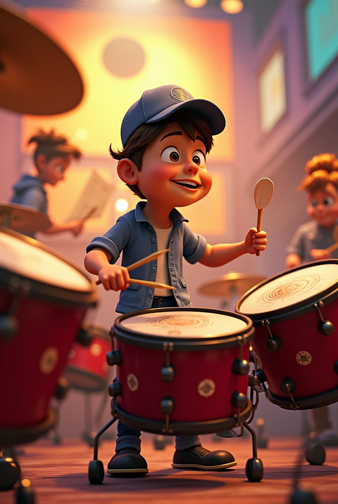Person with cap playing animated timpani
