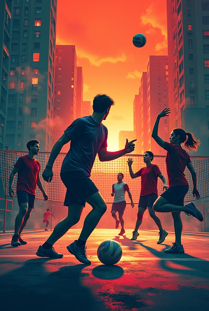 I want a money heist background design where all sports games should be there cricket football volleyball basket ball