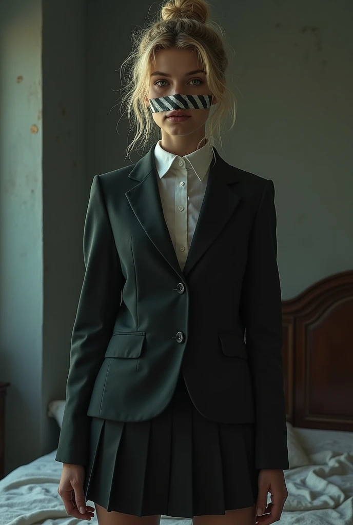 Beautiful 1 blonde wearing her school uniform from Colegio San José Estepona, Tied up and gagged with tape and wearing heels