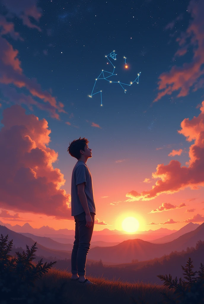 Create an image of a 17yo boy looking at leo constellation (more like staring constellation)during a beautiful sunset 
