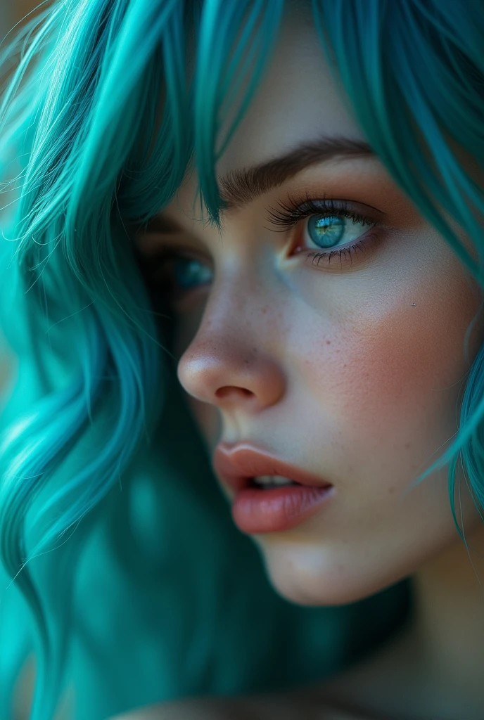 award winning pornography, 4k ultra realistic, goddess of seduction and lust with cyan color hair and eye, making love