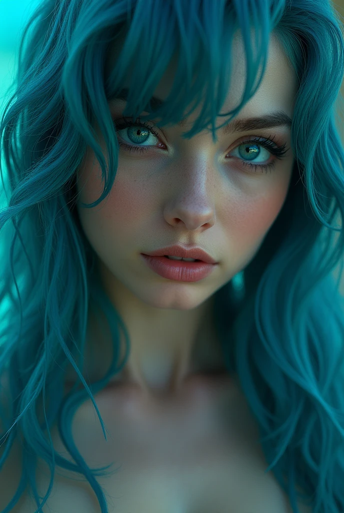 award winning pornography, 4k ultra realistic, goddess of seduction and lust with cyan color hair and eye, making love