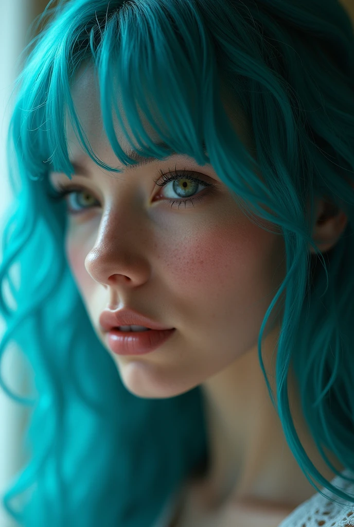 award winning pornography, 4k ultra realistic, goddess of seduction and lust with cyan color hair and eye, making love