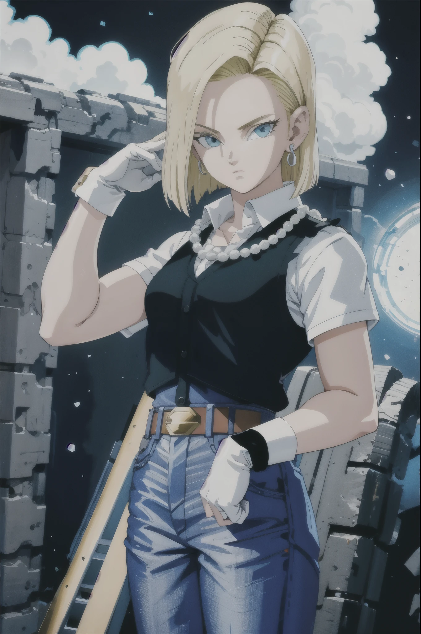 highest quality, High resolution, And 18, One girl, Android 18, alone, Blonde Hair, blue eyes, belt, jeans, Pearl_necklace, bracelet, Black gloves, White shirt, short hair, Short sleeve, Earrings, Blue pants, Open Vest, Black vest, , (Dark Background:1.3),Expressionless, (((With her right hand she is pushing her hair behind her ear.)))), (((The left hand is down))))
