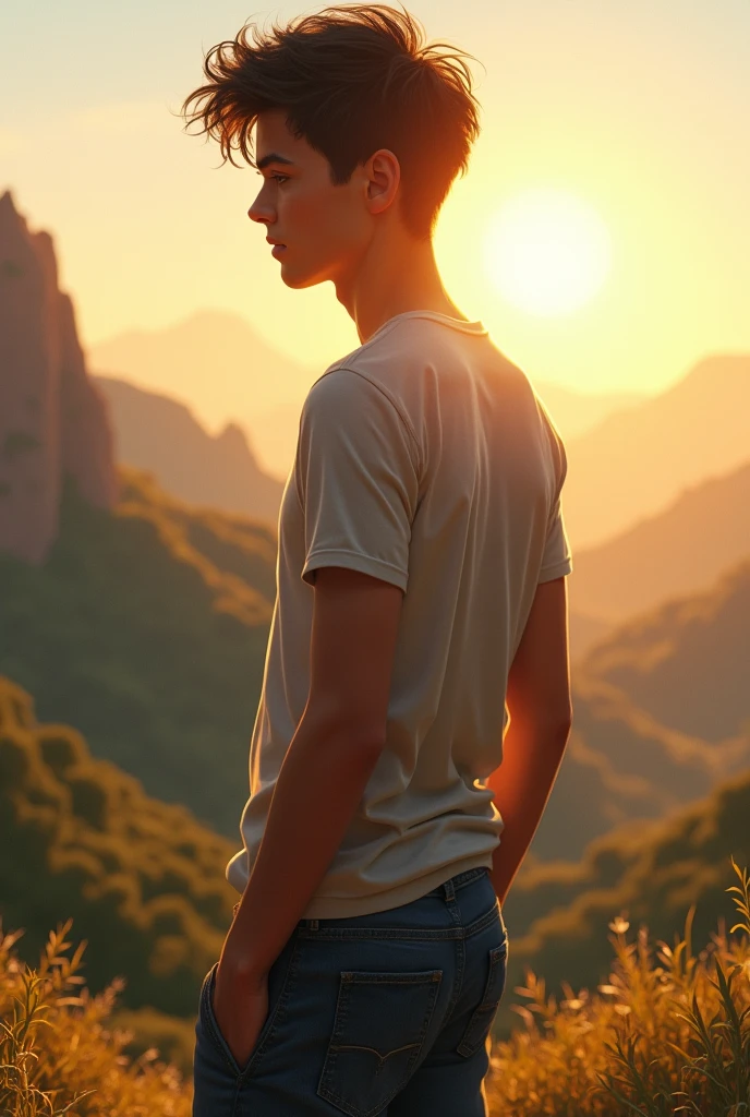 Boy back side pic with sun realistic pic age 17 not like a Anime