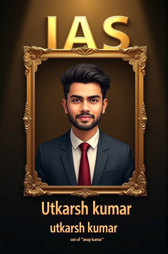 IAS Utkarsh Kumar. "IAS", in bold letters 'line break', and "Utkarsh Kumar" font size small 'line break'. And then son of "Anup Kumar" in bold letters. and at background golden color box with dark gradient.